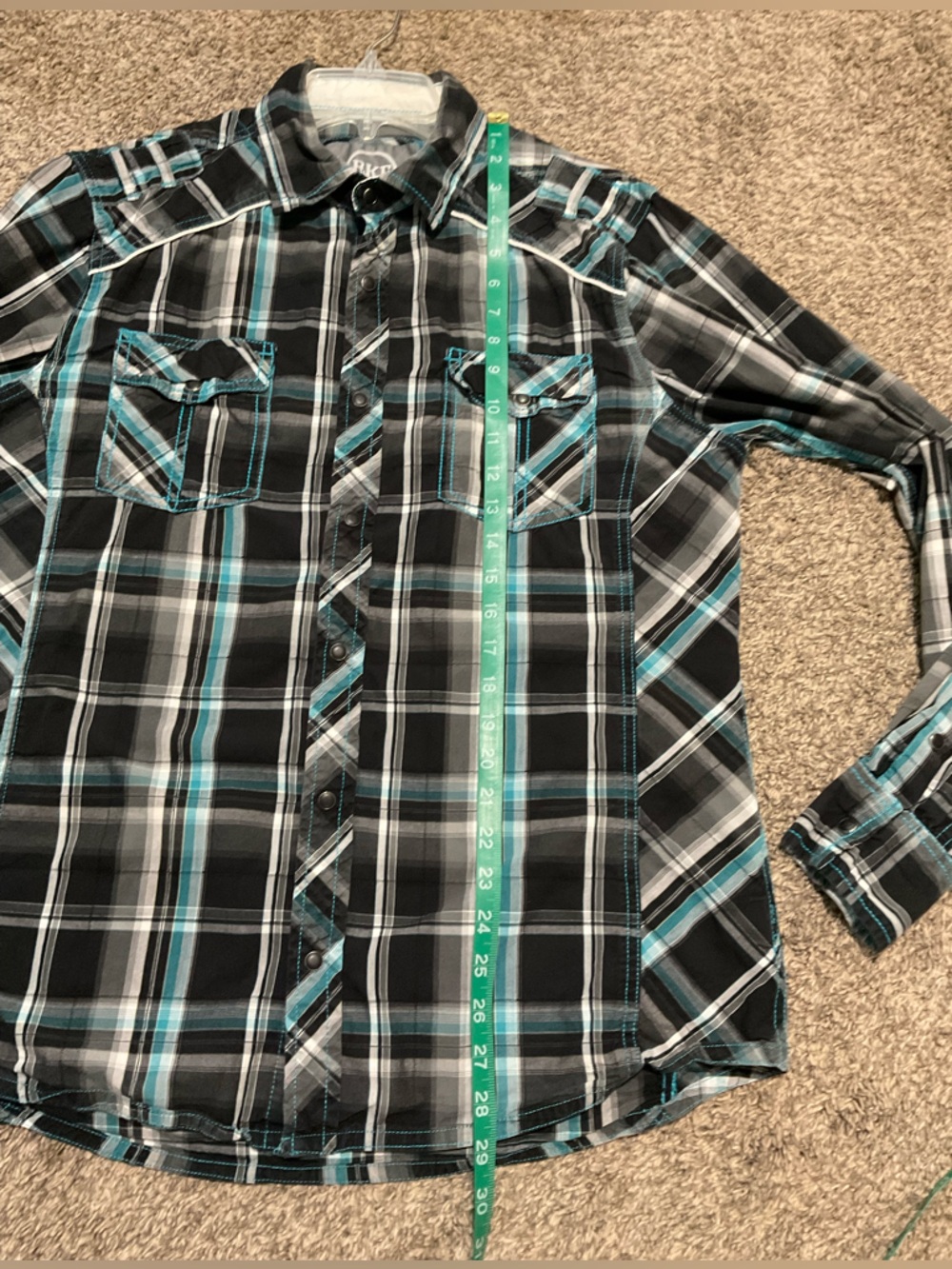 Buckle Black, Teal & White Plaid Athletic Fit Snap Button-Down Shirt Large - Picture 8 of 8